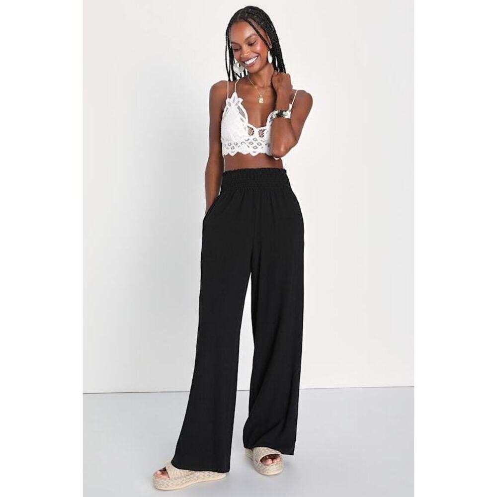 Lulus Hit The Breeze Black Smocked Wide-leg Pants - Size XS